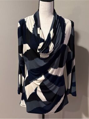 Adrienne Vittadini Navy, Gray & White Draped Cowl Neck Blouse